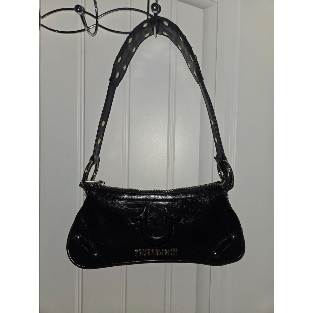 True Religion Black Patent Shoulder Bag Purse Studded Strap Zip Top Y2K Style